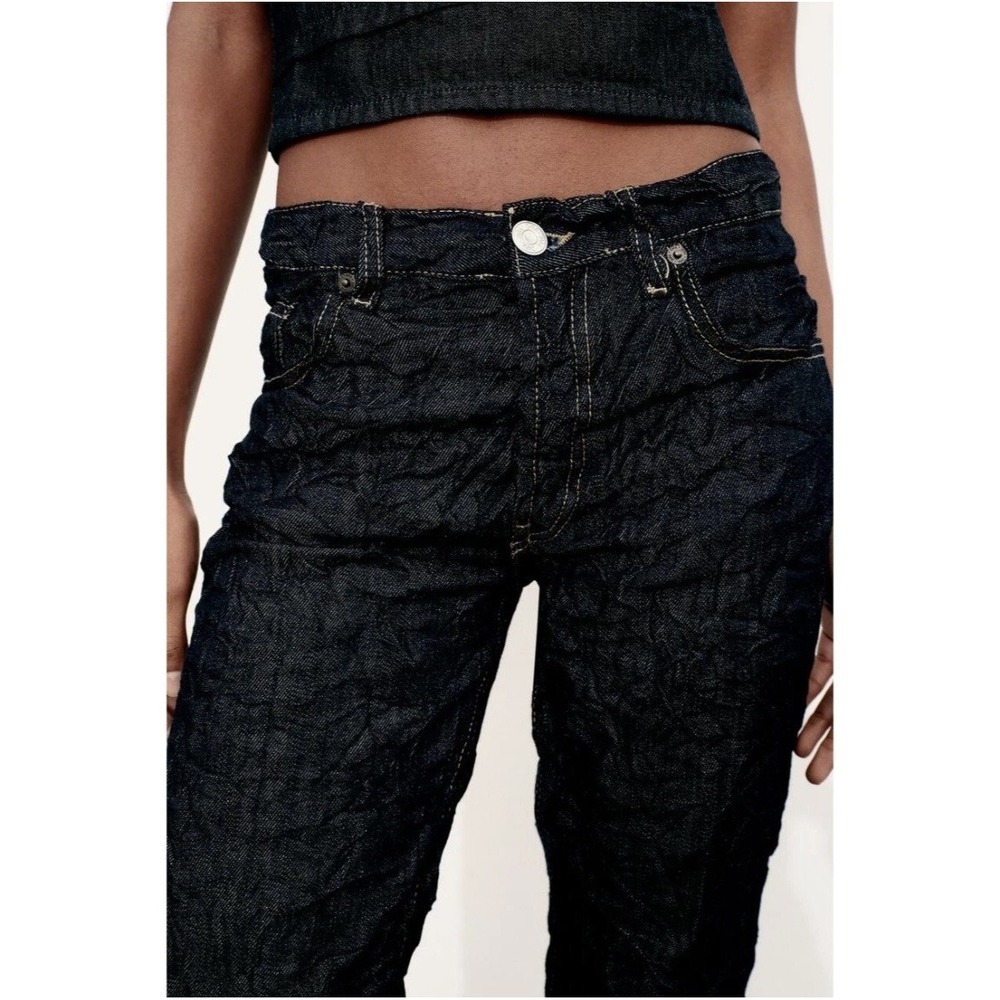 Zara TRF Sz 2 Jeans Wrinkle Effect Mid Waist Straight Leg Dk Blue Wash New NWOT